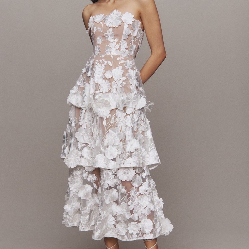 Eliatt Selene Strapless 3D Floral Lace Tiered Maxi Dress